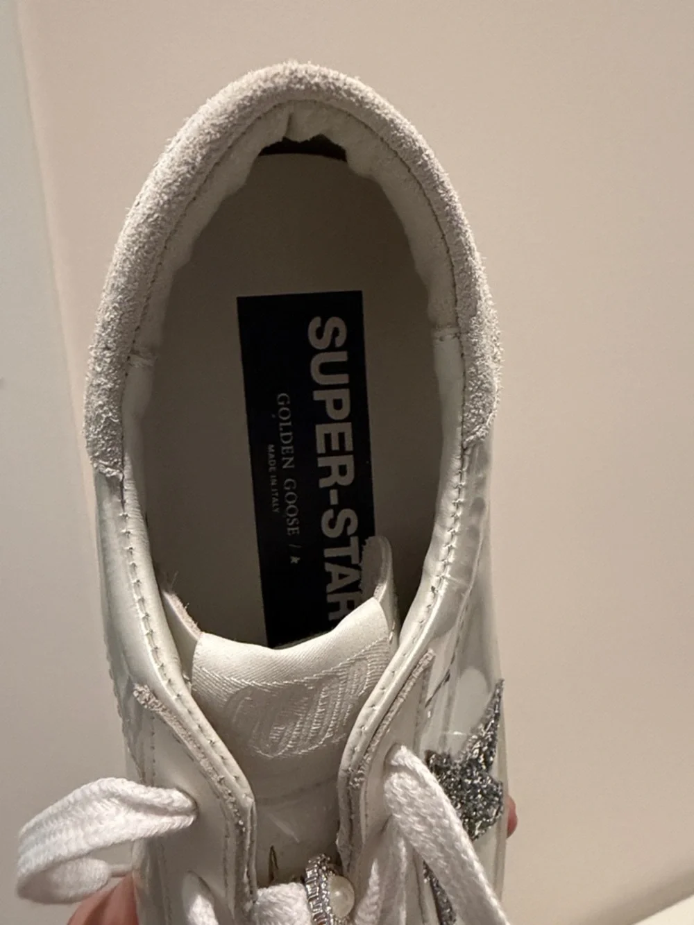 Golden Goose White Sneakers with Silver Glitter Star and Pink Sole - Picture 4 of 6